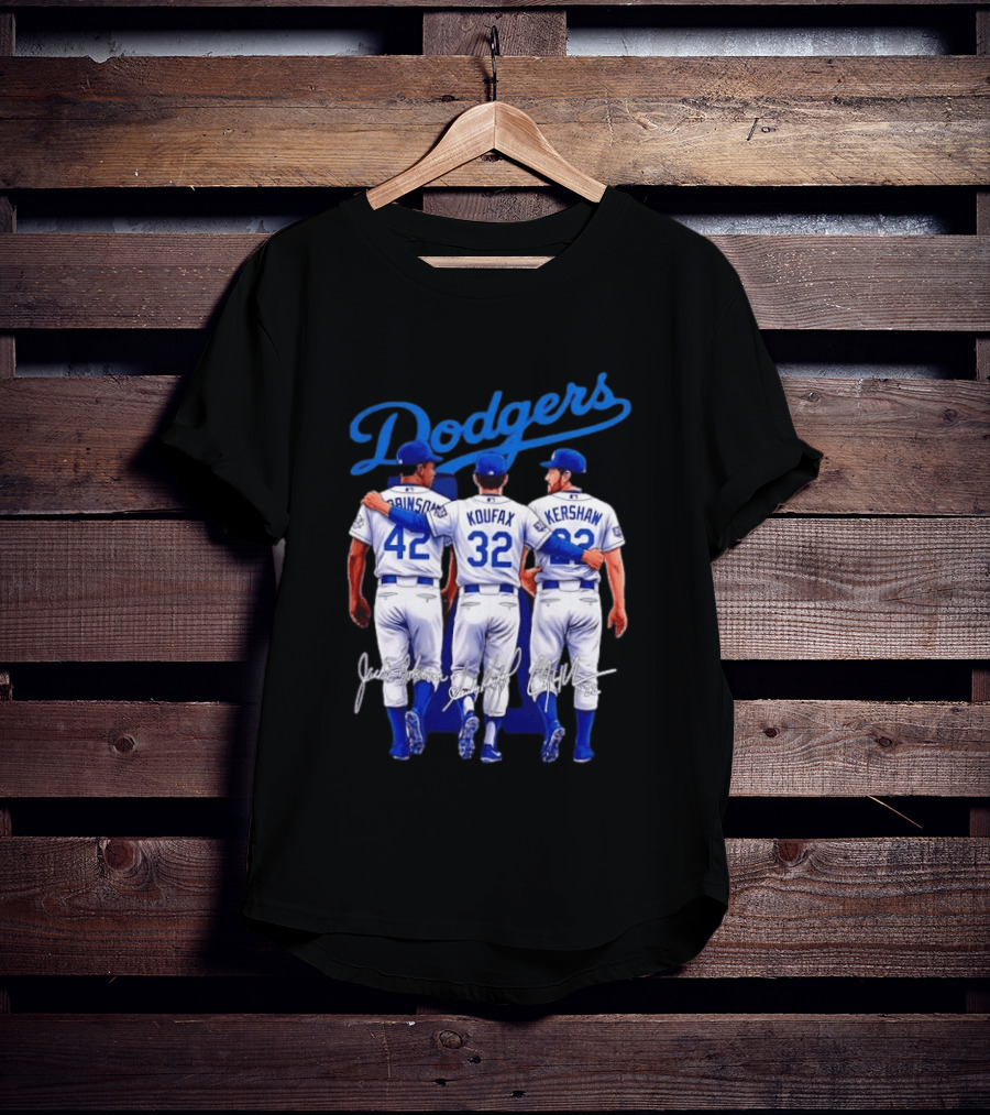 Los Angeles Dodgers Legendary Trio Jackie Robinson Sandy Koufax Clayton Kershaw Signatures T-Shirt