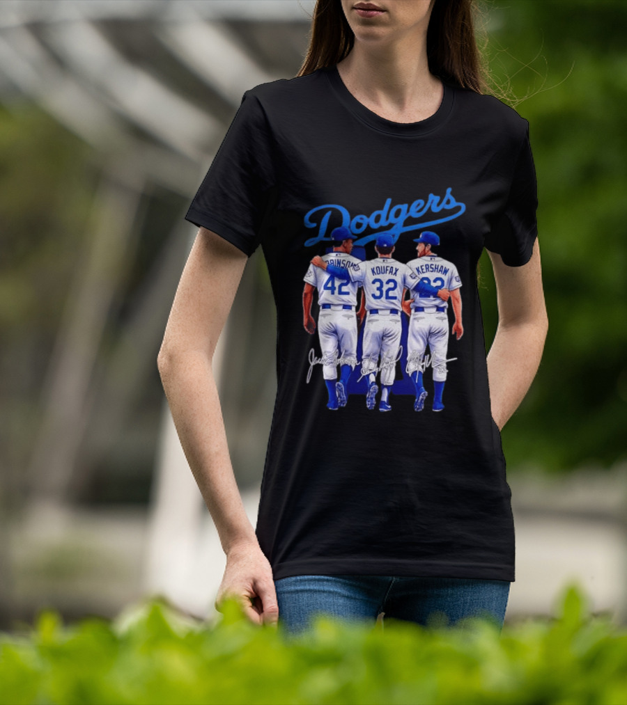 Los Angeles Dodgers Legendary Trio Jackie Robinson Sandy Koufax Clayton Kershaw Signatures T-Shirt