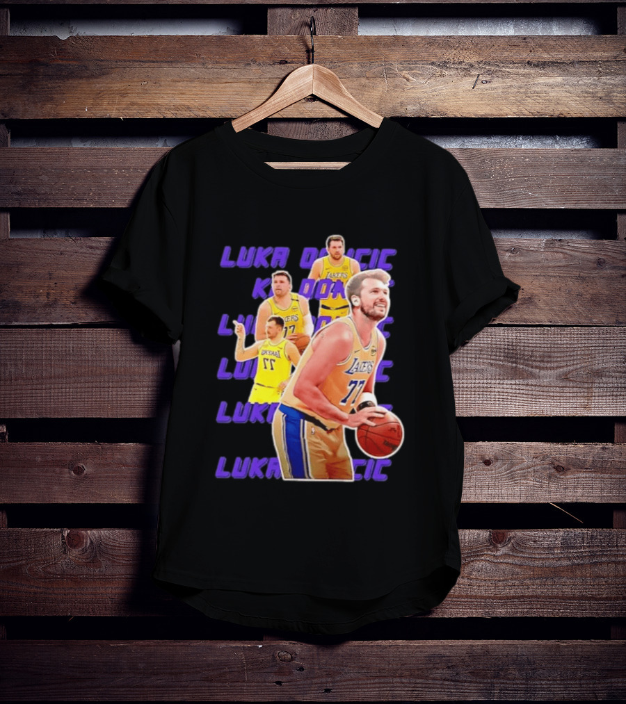 Luka Doncic Lakers 77 Action Shot Multiple Pose Purple Basketball Display T-Shirt