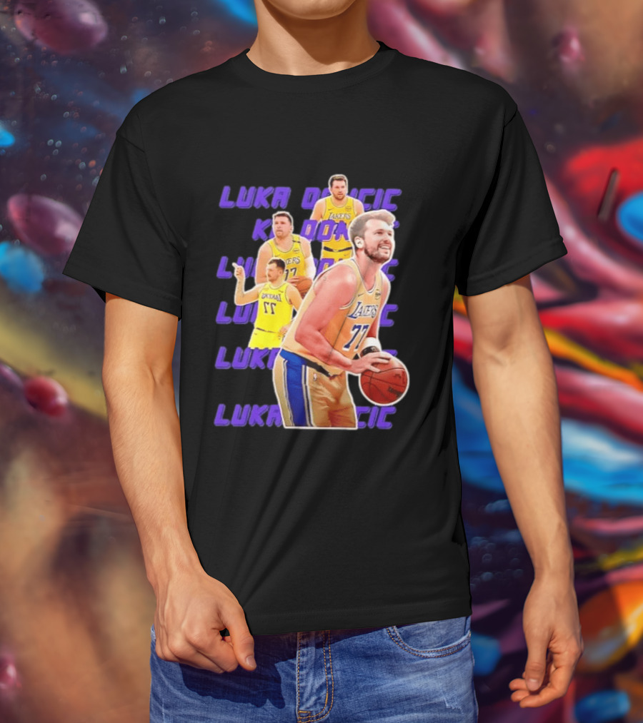 Luka Doncic Lakers 77 Action Shot Multiple Pose Purple Basketball Display T-Shirt