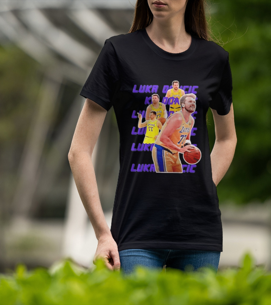 Luka Doncic Lakers 77 Action Shot Multiple Pose Purple Basketball Display T-Shirt