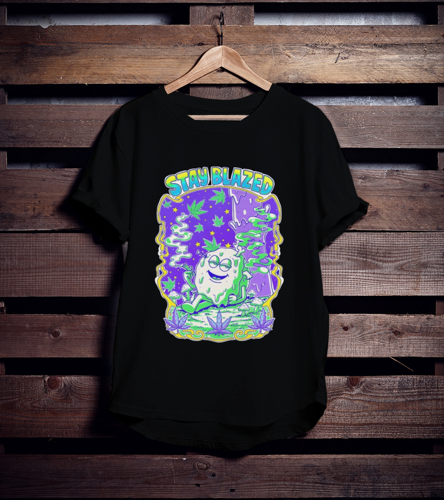 Stay Blazed Trippy Cannabis Character Psychedelic Art Leafs And Mushrooms T-Shirt