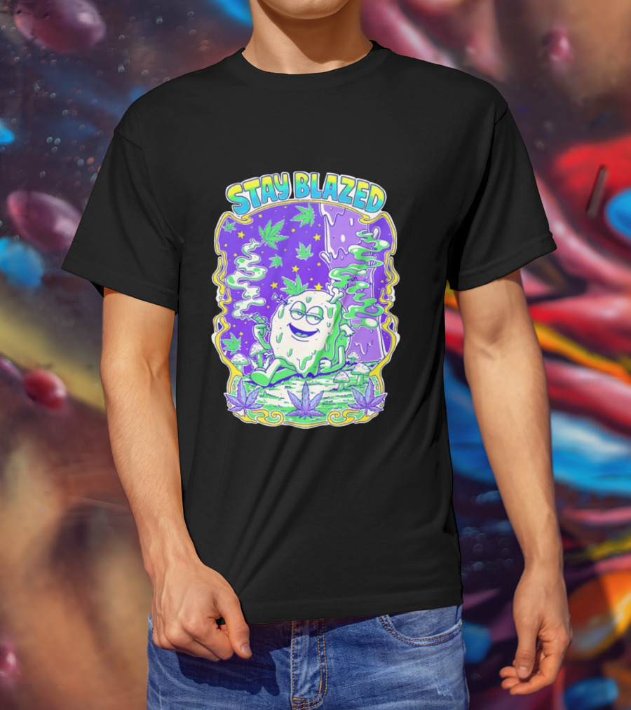 Stay Blazed Trippy Cannabis Character Psychedelic Art Leafs And Mushrooms T-Shirt