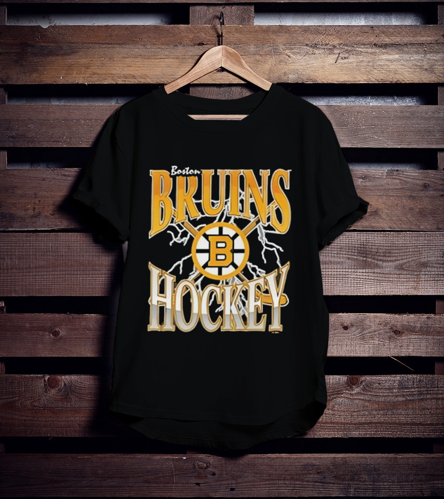 Boston Bruins Hockey B Logo Crossed Sticks Lightning T-Shirt