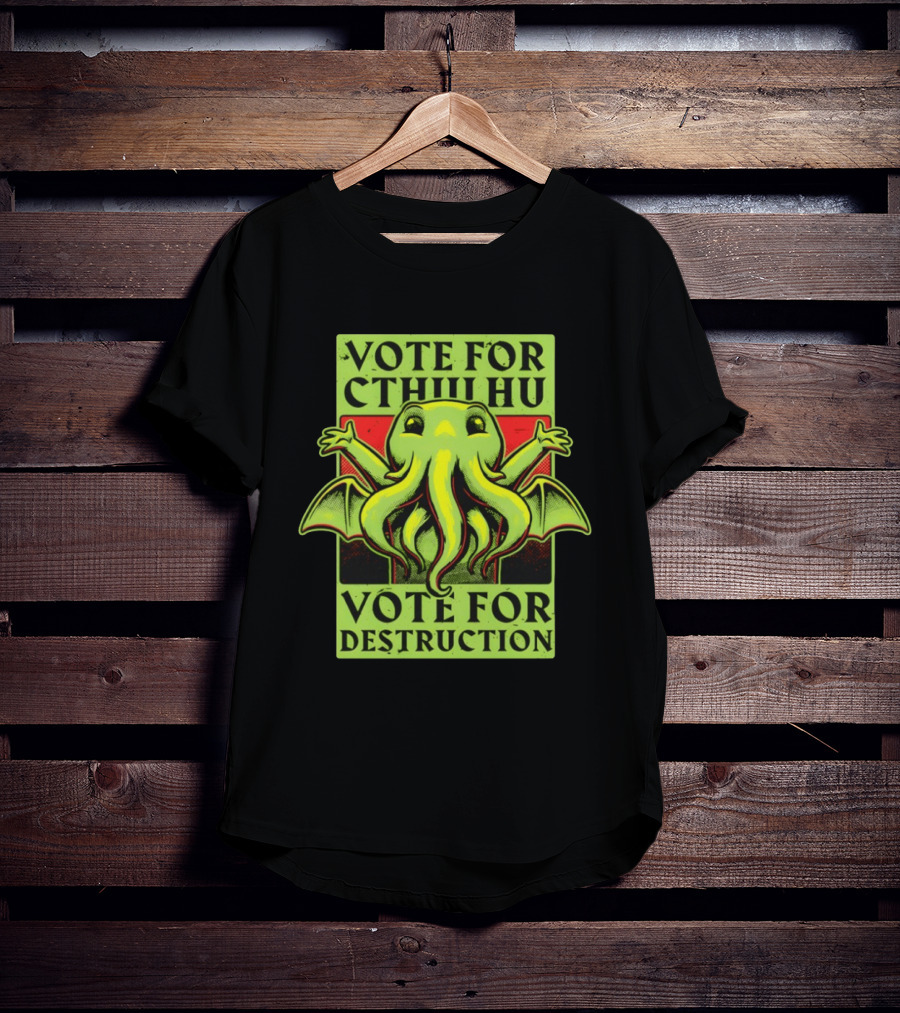 Vote For Cthulhu For Destruction Cartoon Alien Creature With Tentacles And Wings T-Shirt