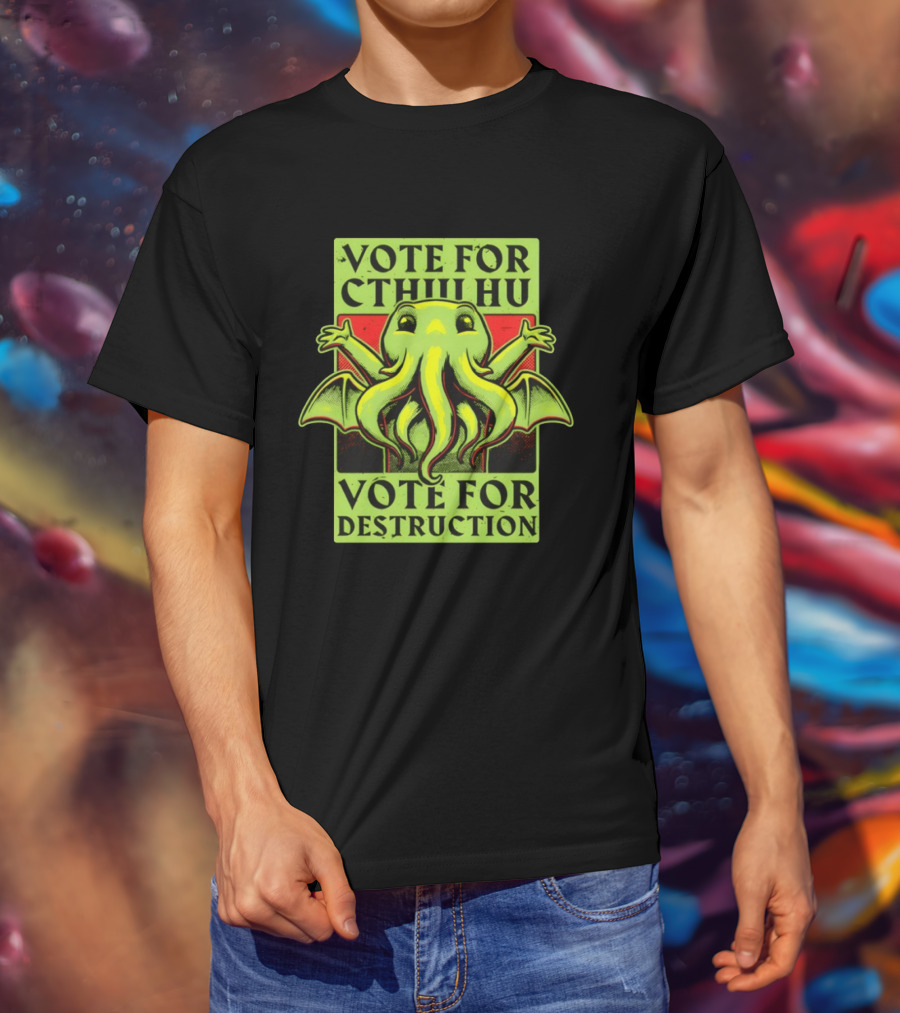 Vote For Cthulhu For Destruction Cartoon Alien Creature With Tentacles And Wings T-Shirt