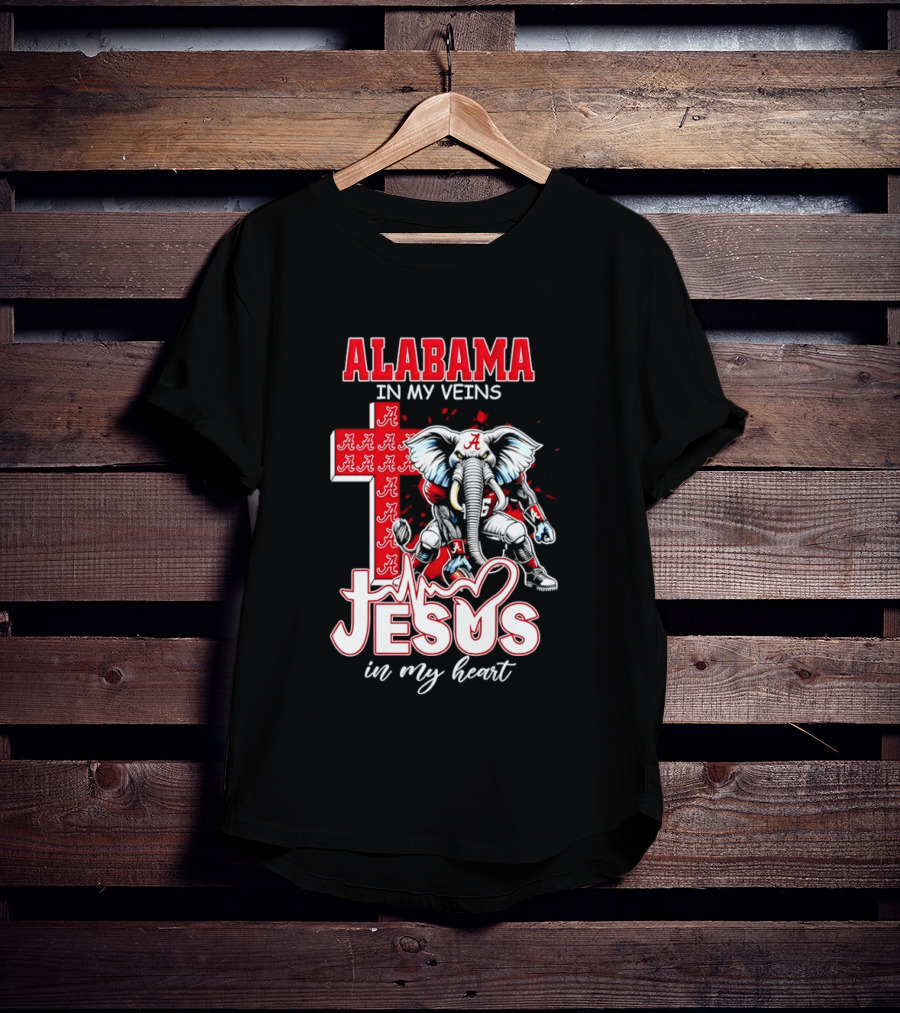 Alabama Crimson Tide In My Veins Jesus In My Heart Elephant Cross T-Shirt