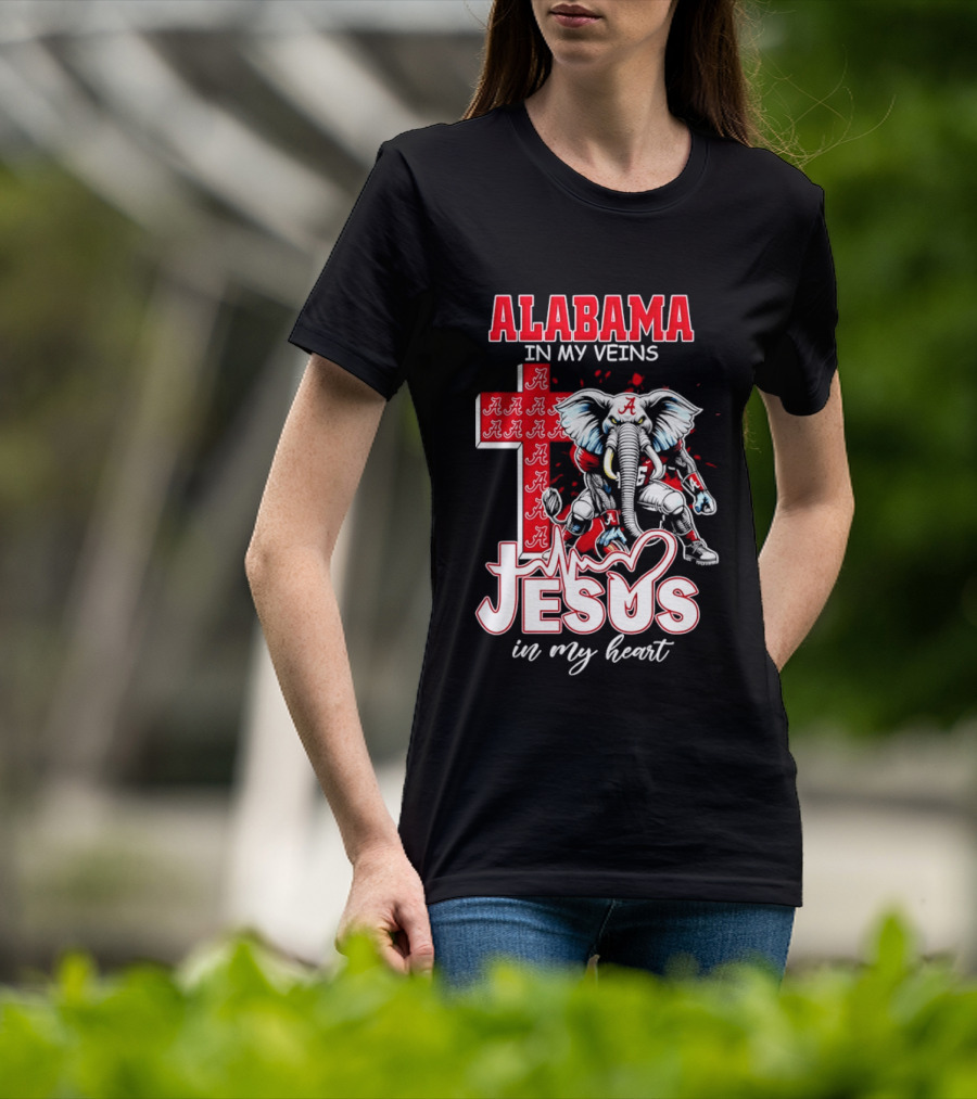 Alabama Crimson Tide In My Veins Jesus In My Heart Elephant Cross T-Shirt
