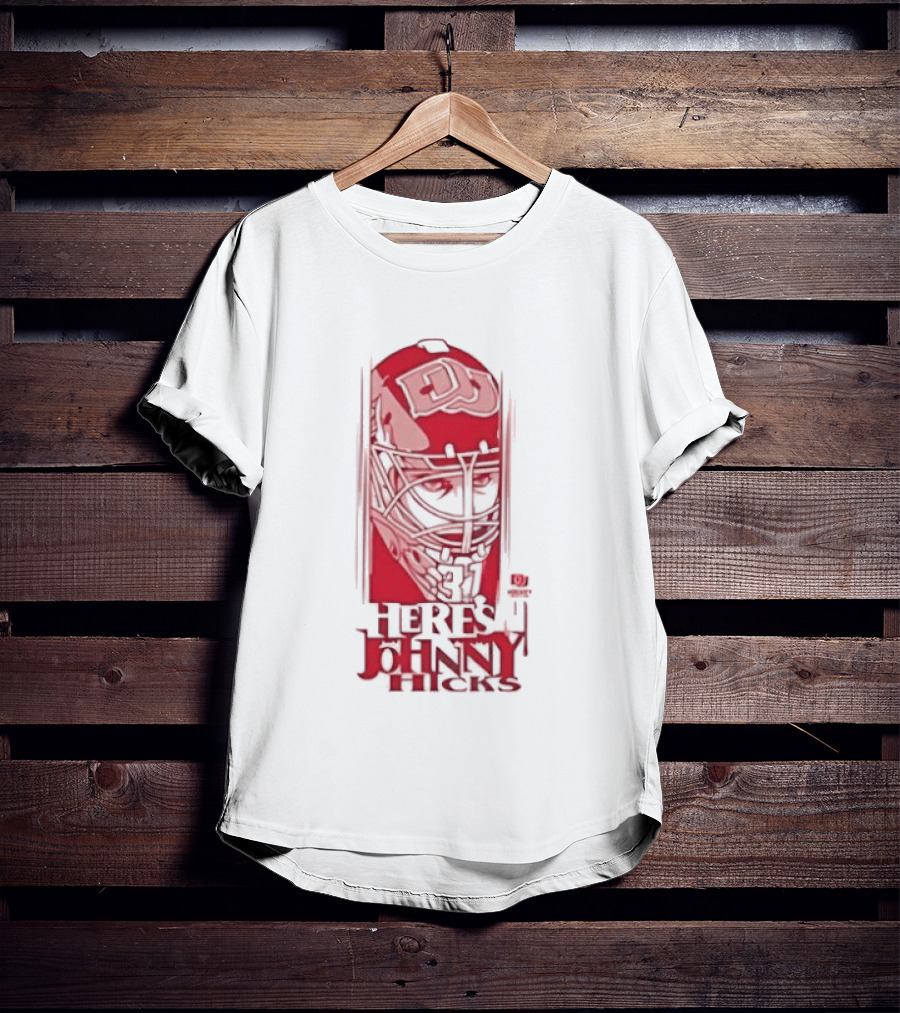 Here's Johnny Hicks Denver Pioneers Men's Ice Hockey Mask DJ T-Shirt