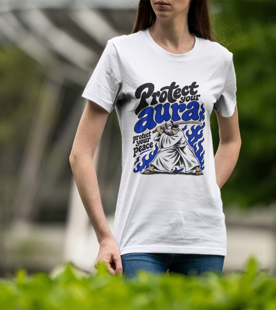 Protect Your Aura Samurai Protect Your Peace Blue Flames T-Shirt