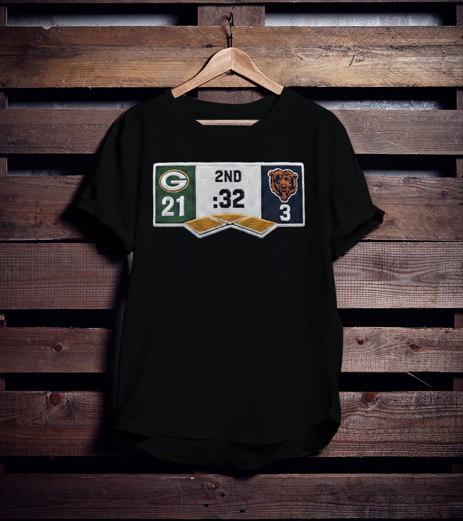 Packers 21 Bears 3 Second Quarter Scoreboard Patch T-Shirt