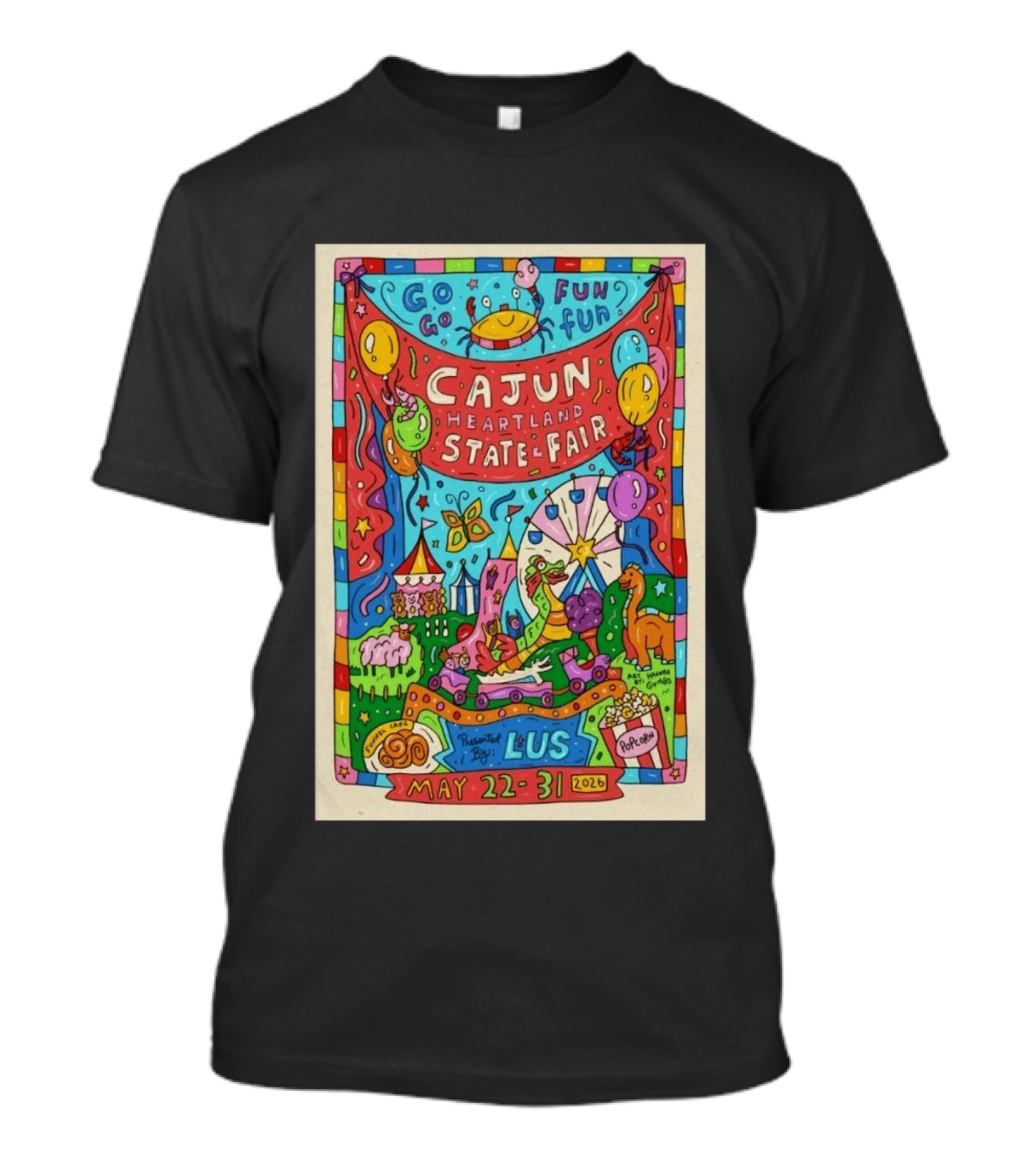 Cajun Heartland State Fair 2026 Go Go Fun May 22 31 LUS Popcorn Dinosaur T-Shirt