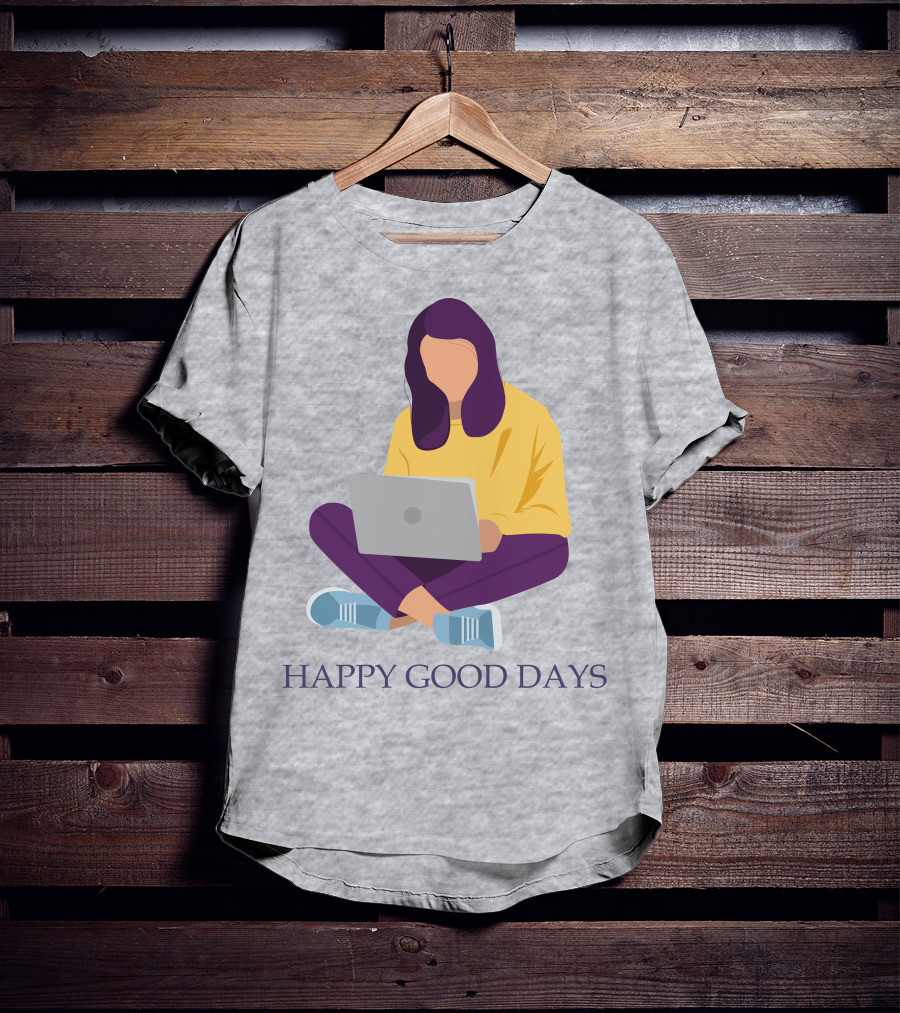 HAPPY GOOD DAYS Laptop Sitting Woman T-Shirt
