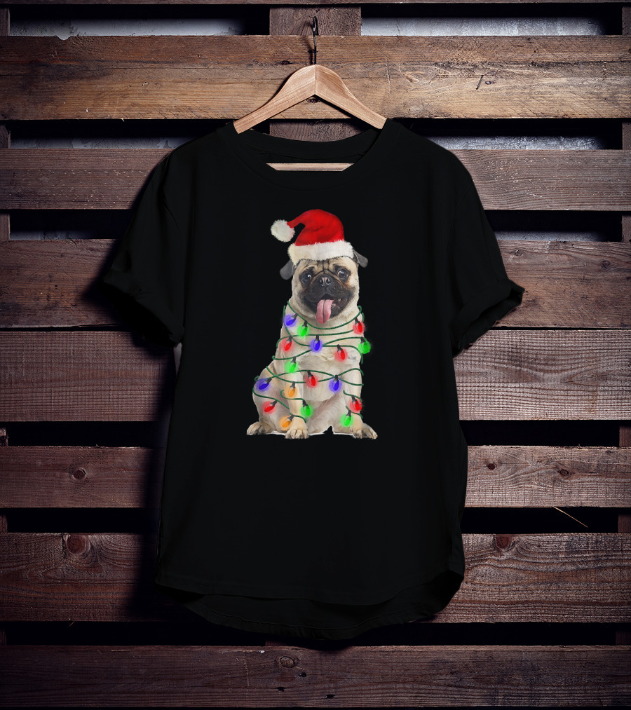 Christmas Pug Wrapped In Festive Lights Wearing Santa Hat T-Shirt