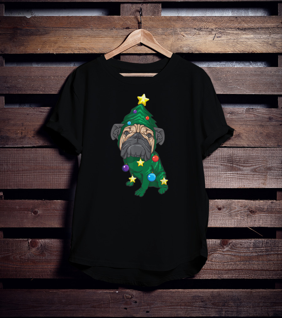 Pug Christmas Tree Yuletide Adorable Puppy Fan Holiday Stars Ornaments T-Shirt
