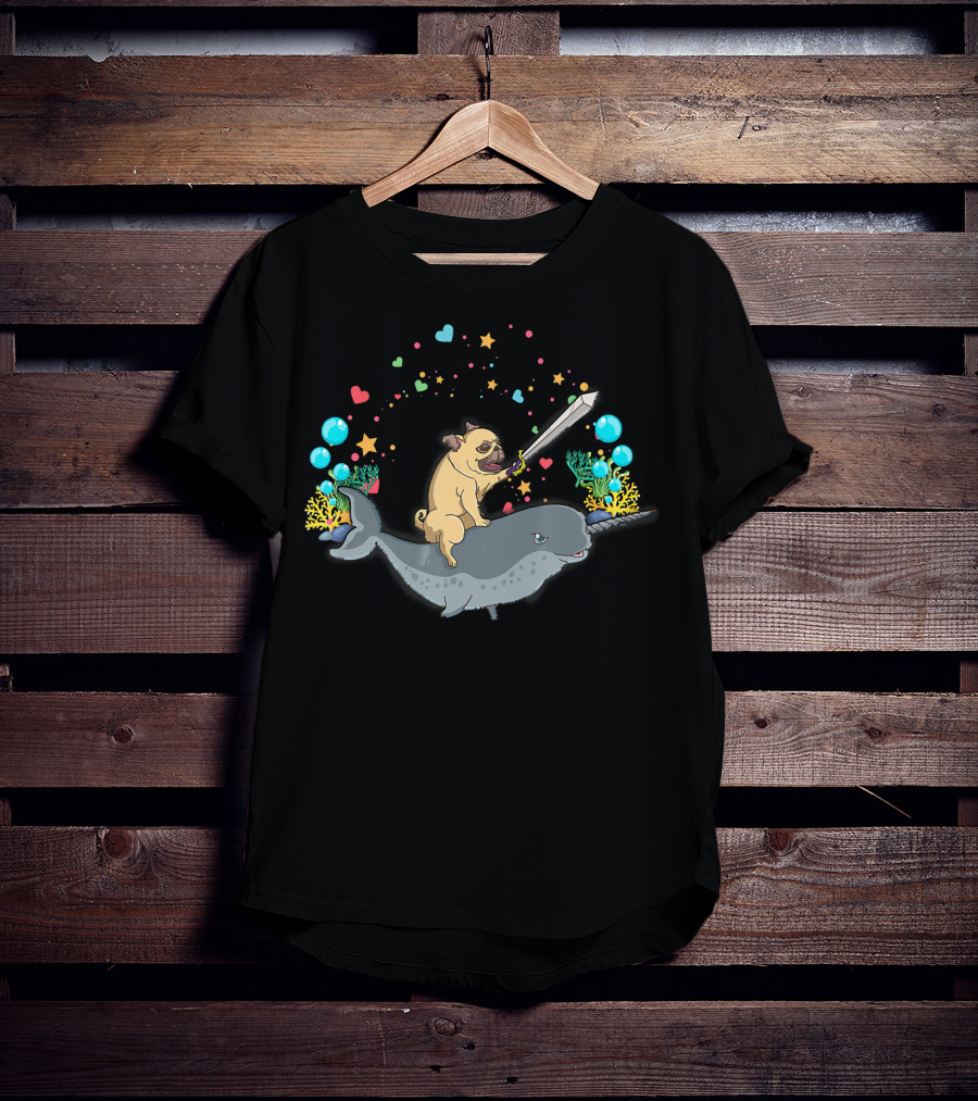 Warrior Pug With Sword Rides A Narwhal Surrounded By Hearts And Stars T-Shirt