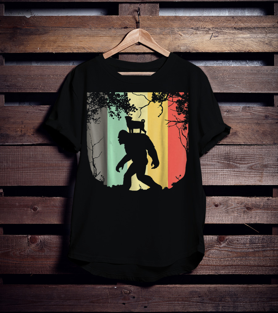 Pug Riding Bigfoot Vintage Retro Sunset Stripes T-Shirt