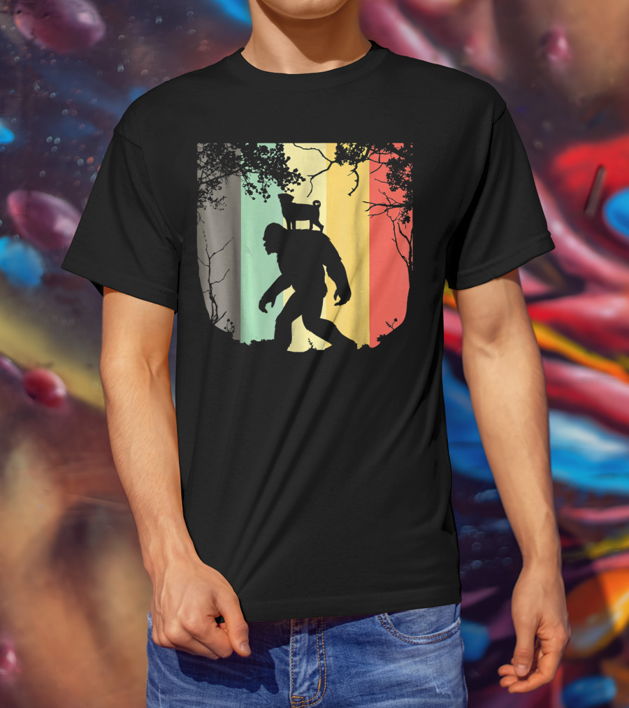 Pug Riding Bigfoot Vintage Retro Sunset Stripes T-Shirt