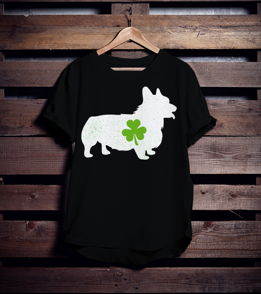 Corgi Silhouette With Green Clover Irish T-Shirt