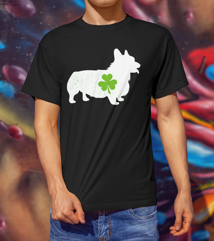 Corgi Silhouette With Green Clover Irish T-Shirt