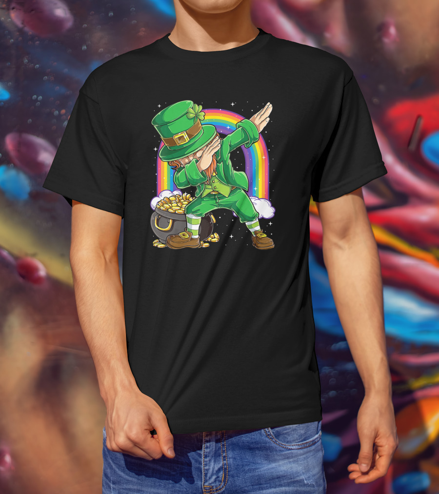 Dabbing Leprechaun St Patricks Day Boys Dab With Pot Of Gold And Rainbow T-Shirt