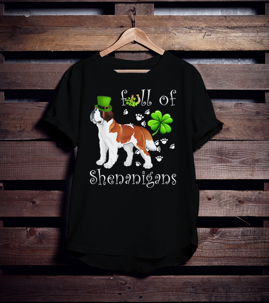 Full Of Shenanigans St Bernard Dog With Shamrock Hat And Paw Prints T-Shirt