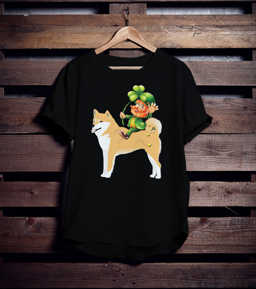 Leprechaun On Shiba Inu With Shamrock Rider T-Shirt