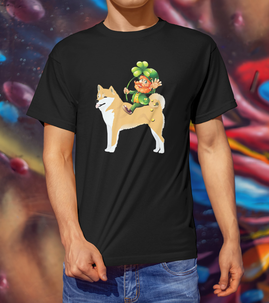 Leprechaun On Shiba Inu With Shamrock Rider T-Shirt