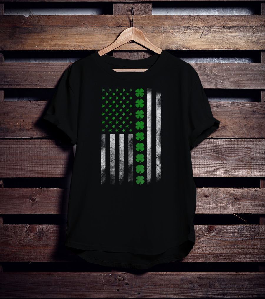 St. Patricks Day Green Clover Irish American Flag T-Shirt