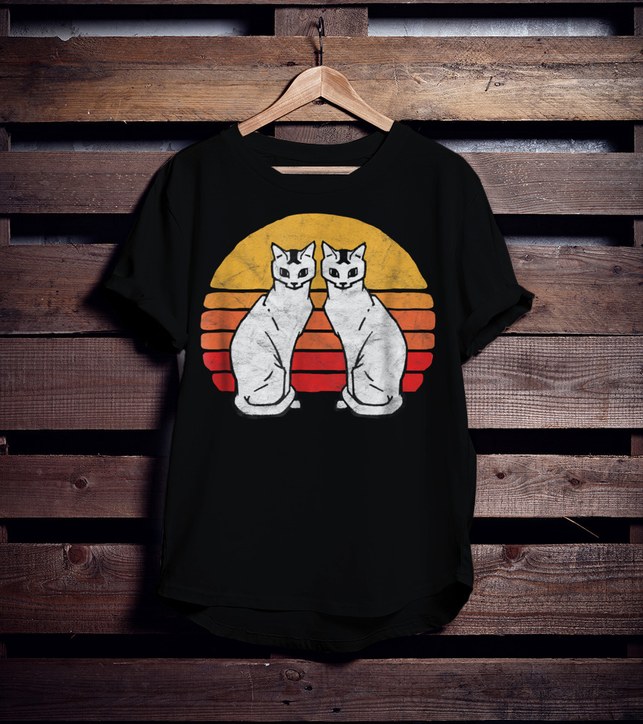 Vintage Eighties Style Twin Siamese Cats With Retro Sunset Stripes T-Shirt