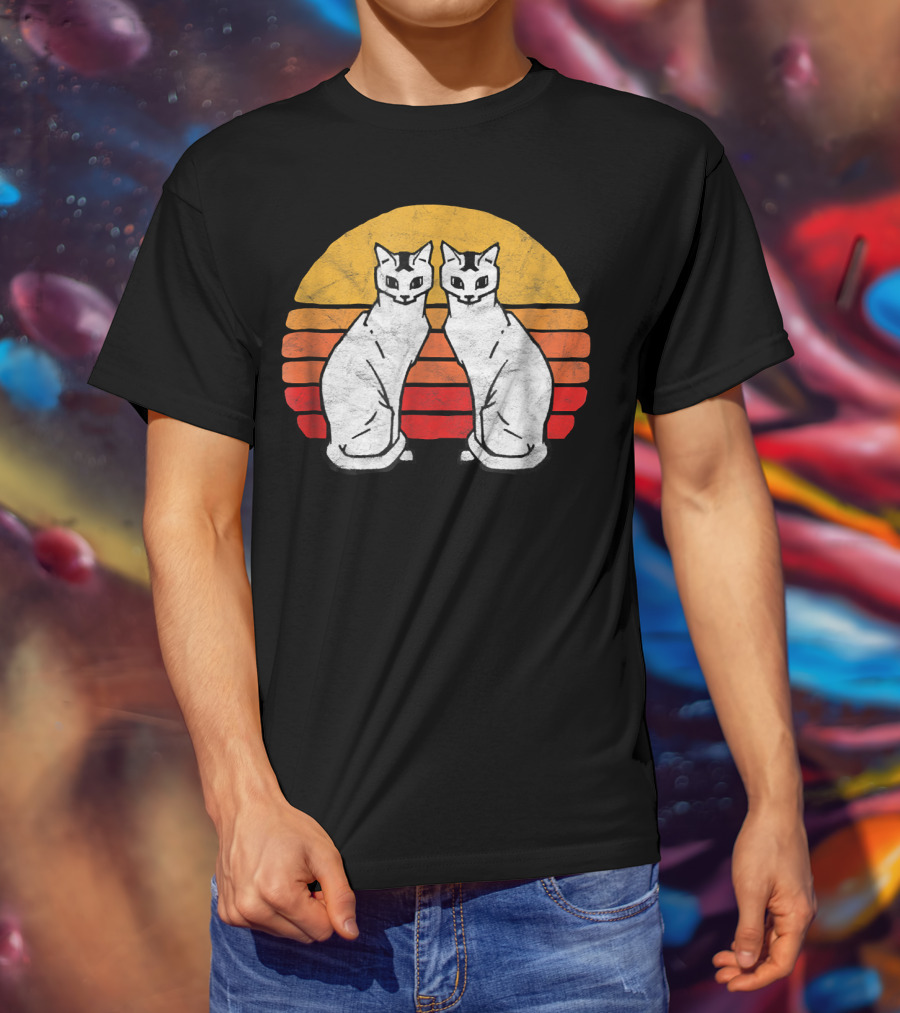 Vintage Eighties Style Twin Siamese Cats With Retro Sunset Stripes T-Shirt