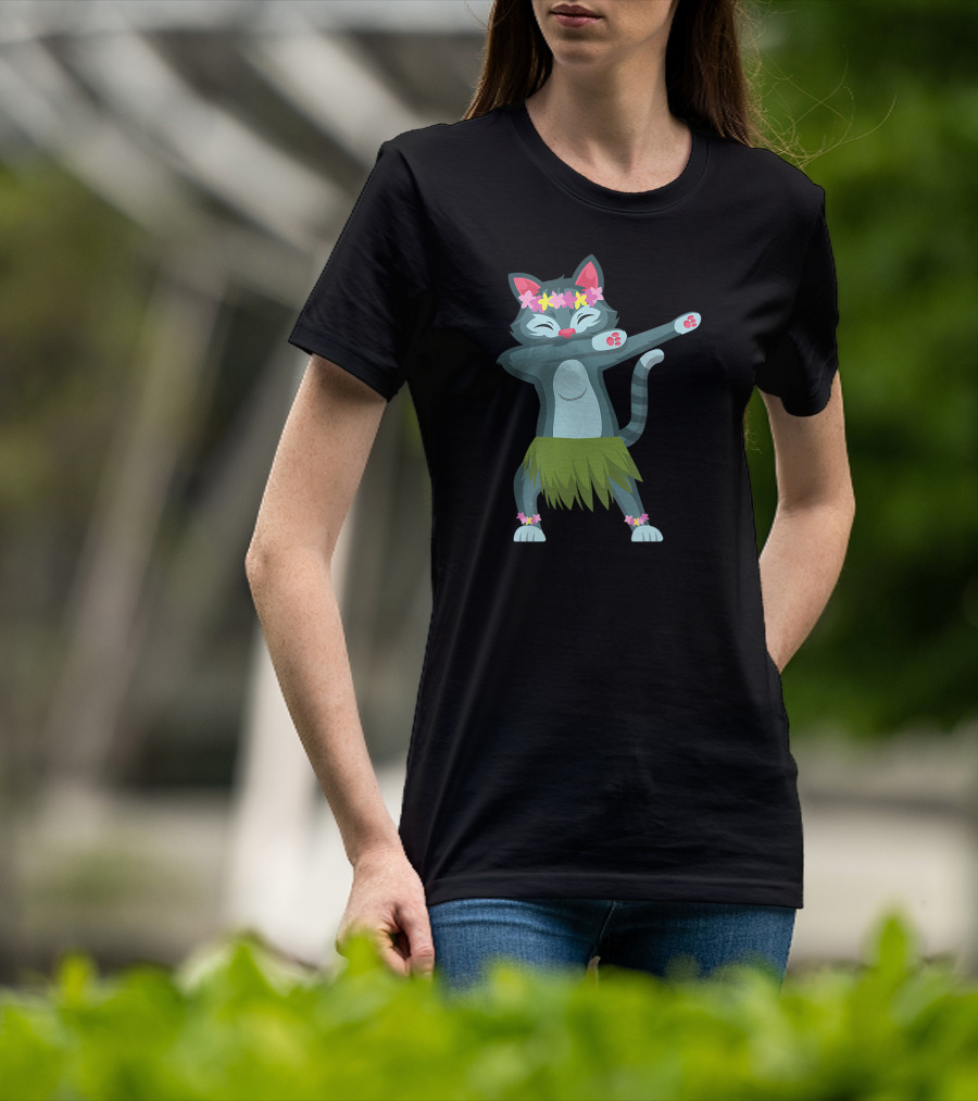 Aloha Cat Hawaiian Dance Mele Kalikimaka Hula Kitty With Floral Crown And Grass Skirt T-Shirt
