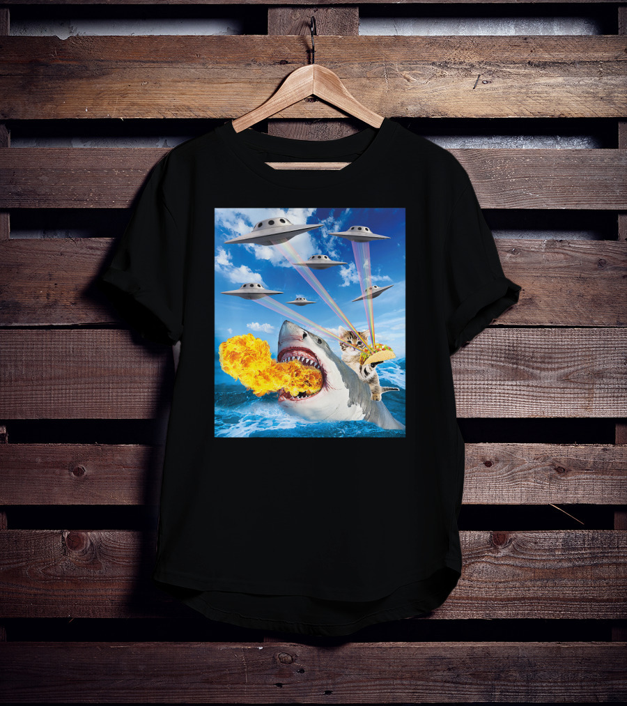 Cat Riding Fire Breathing Shark With UFO Rainbow Lasers And Taco T-Shirt