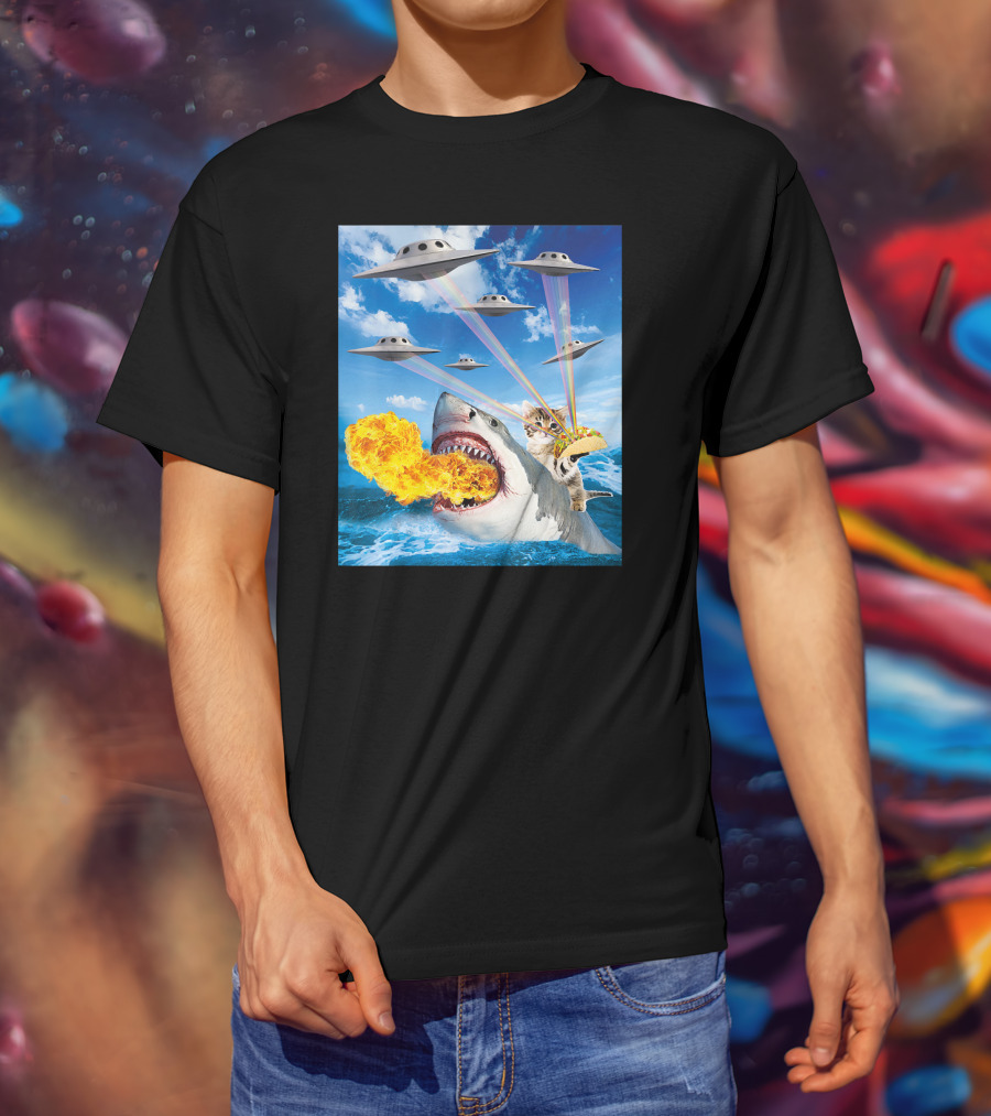 Cat Riding Fire Breathing Shark With UFO Rainbow Lasers And Taco T-Shirt