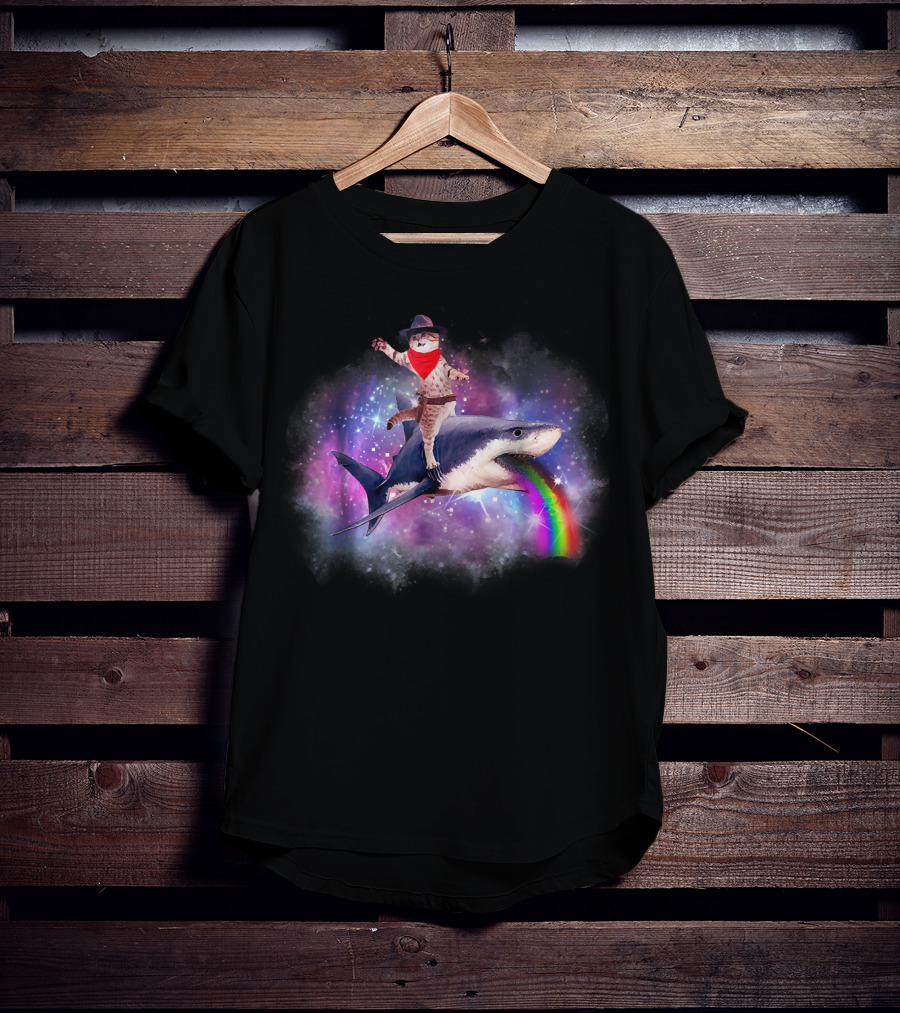 Space Cat Cowboy Riding Rainbow Shark In Galaxy T-Shirt