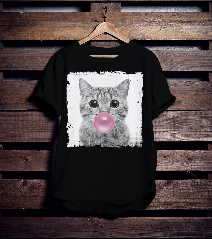 Cute Cat Blowing Pink Bubble Gum For Animal Lover Black And White Sketch T-Shirt