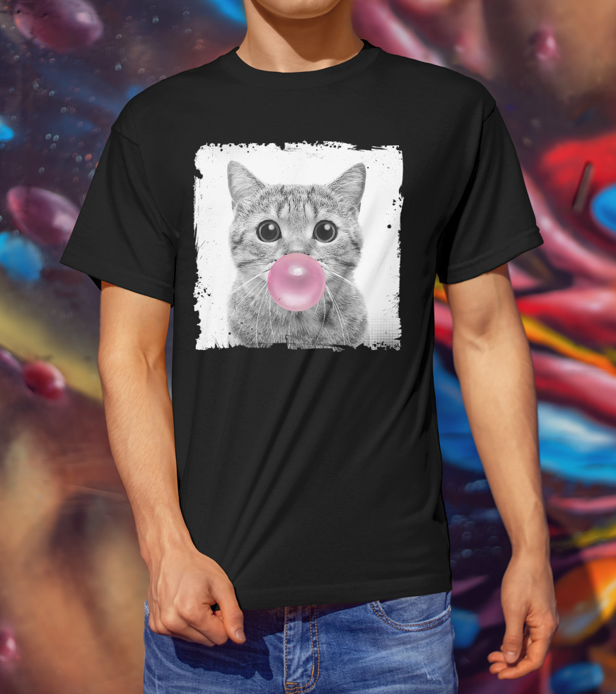 Cute Cat Blowing Pink Bubble Gum For Animal Lover Black And White Sketch T-Shirt