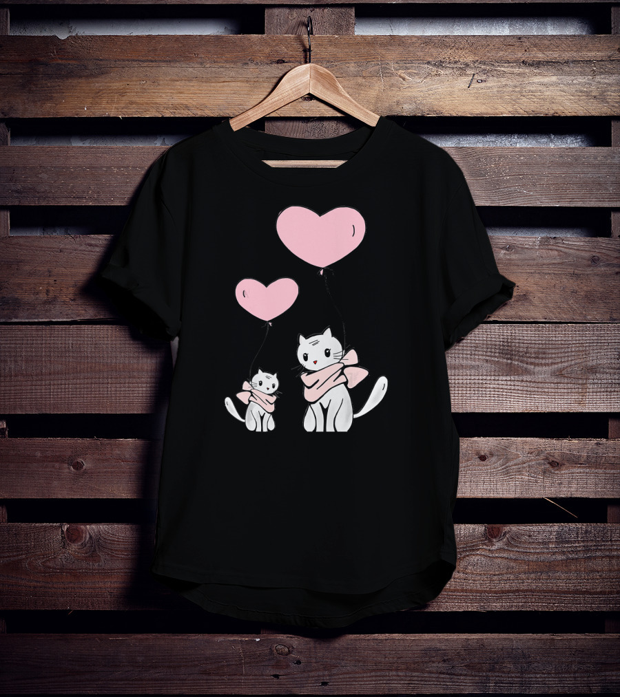 CUTE CATS Wearing Scarves Holding Pink Heart Balloons T-Shirt