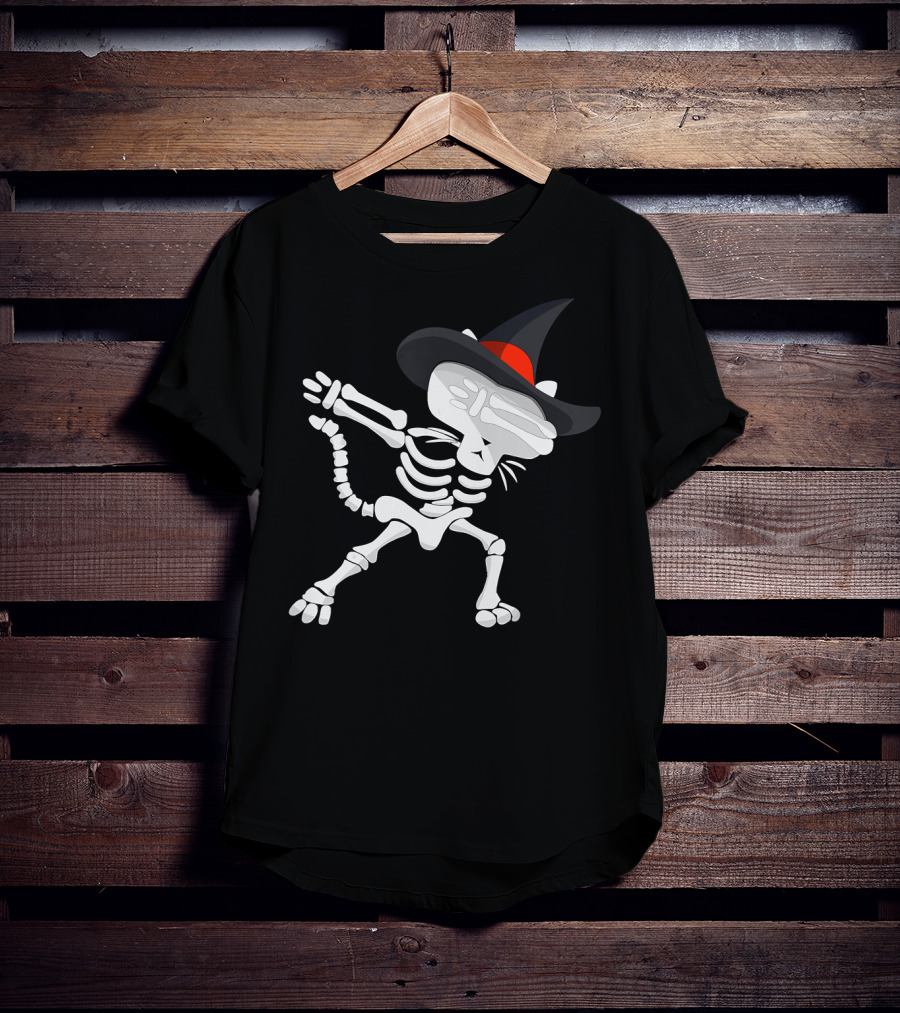 Dabbing Cat Skeleton With Witch Hat T-Shirt