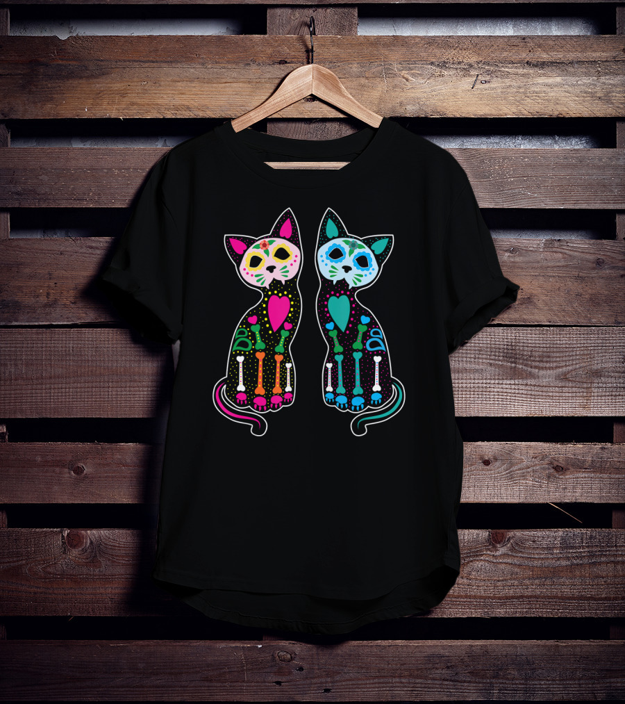 Day Of The Dead Sugar Skull Skeleton Cats T-Shirt
