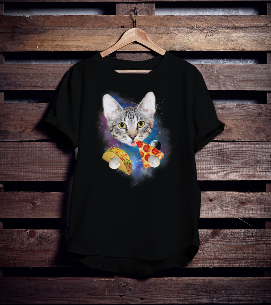 Funny Space Cat Eating Pizza And Taco In Galaxy T-Shirt