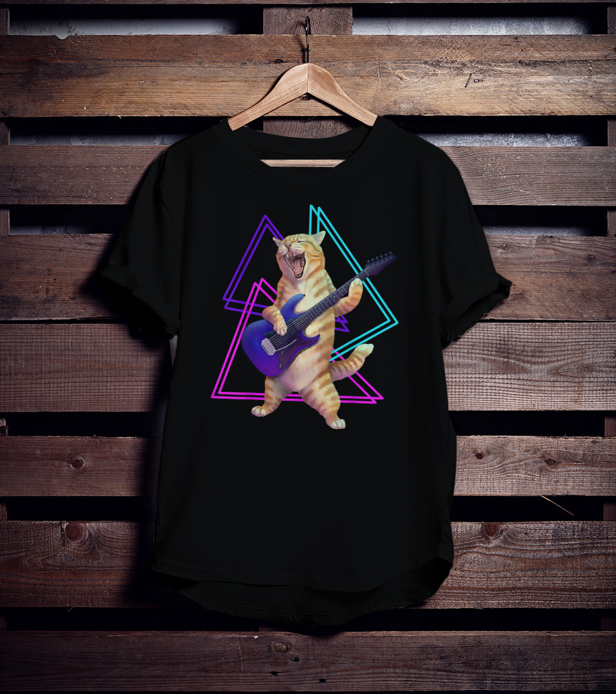 Guitar Cat Rock Kitty On Electric Guitar Neon Triangles T-Shirt