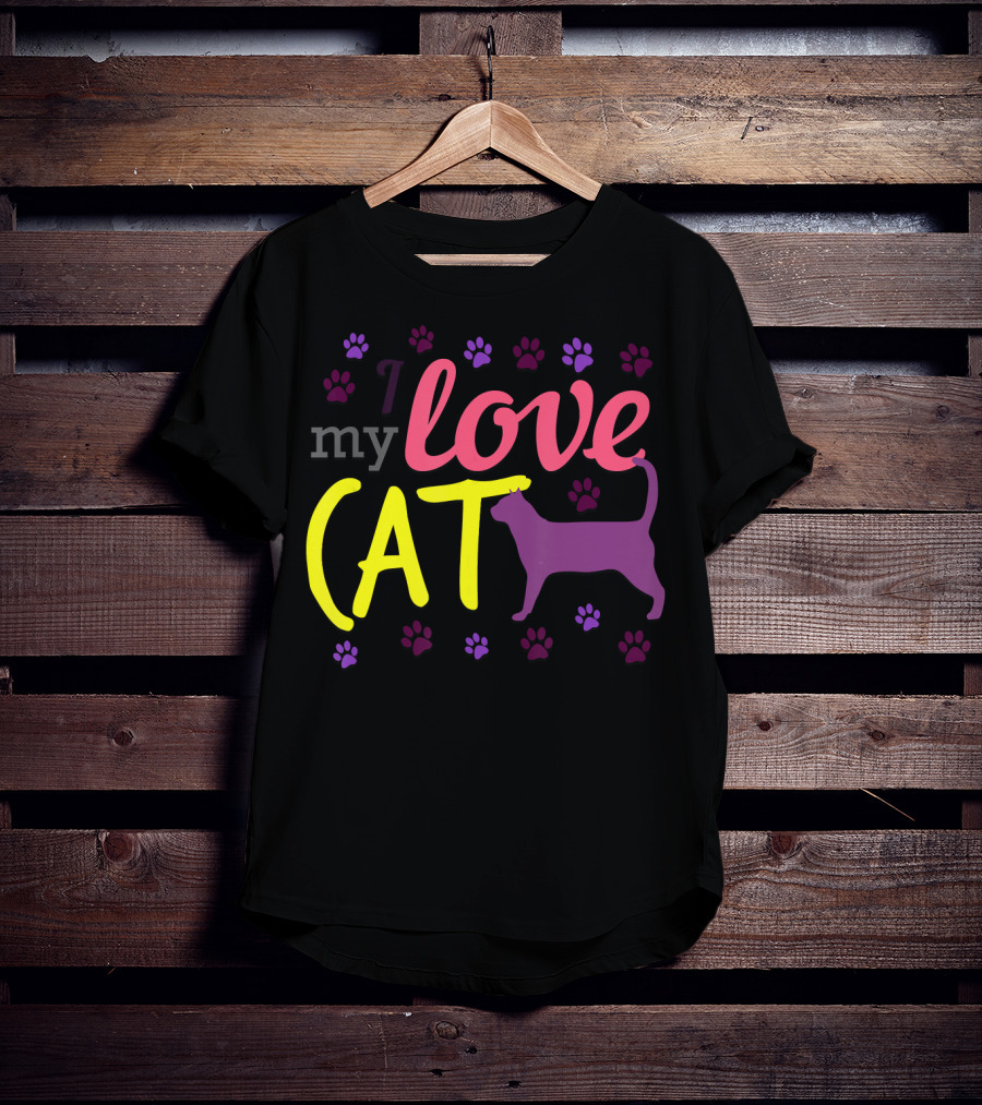 I Love My Cat Feline Owner Cute Pet Purple Paw Prints T-Shirt