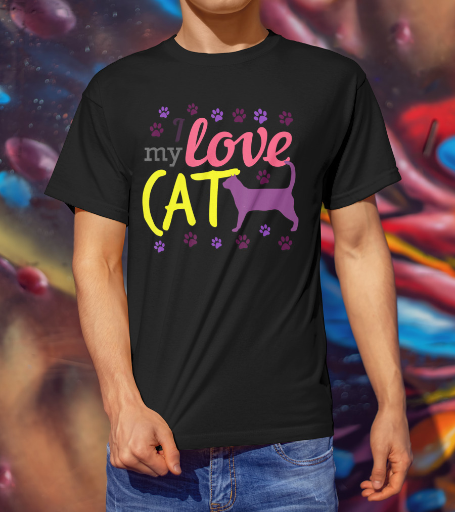 I Love My Cat Feline Owner Cute Pet Purple Paw Prints T-Shirt