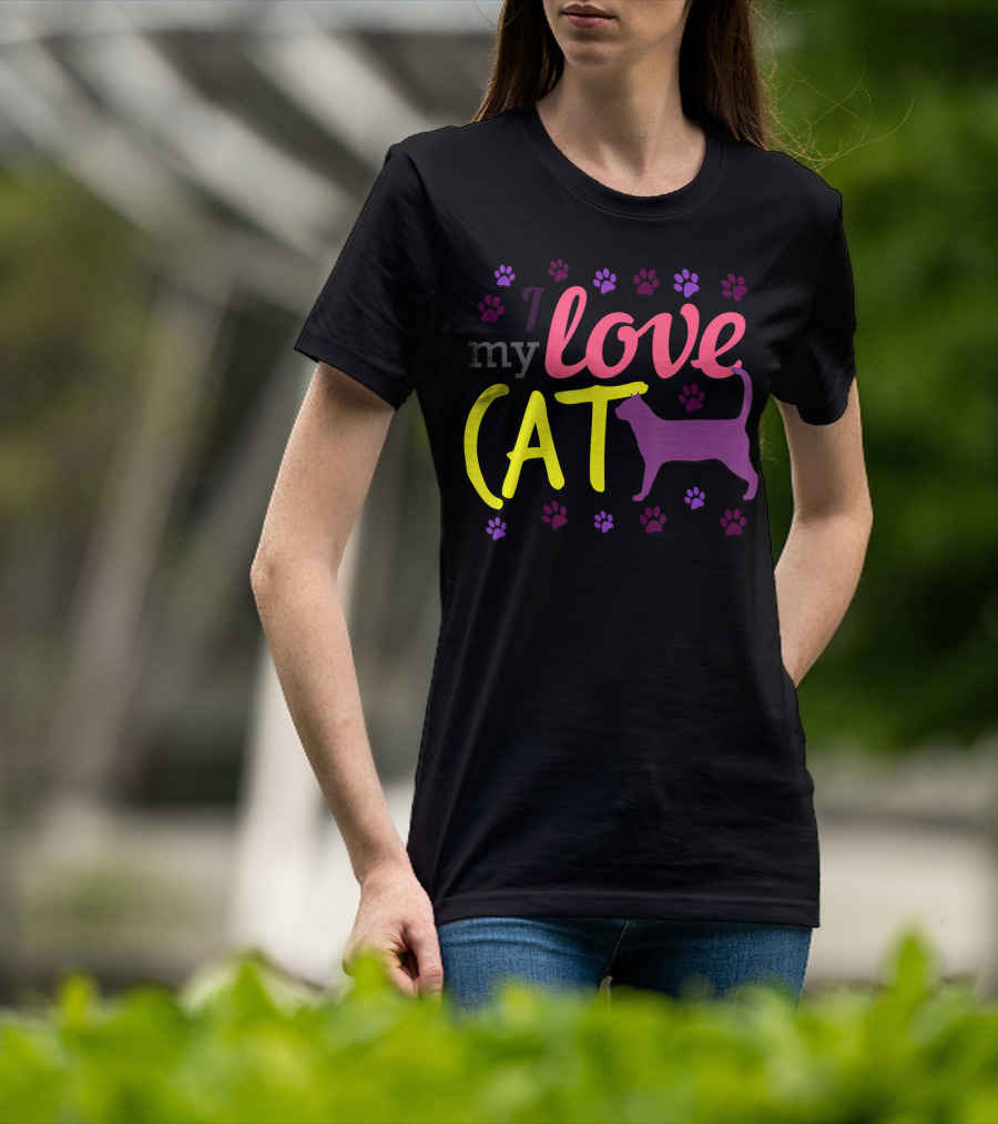 I Love My Cat Feline Owner Cute Pet Purple Paw Prints T-Shirt