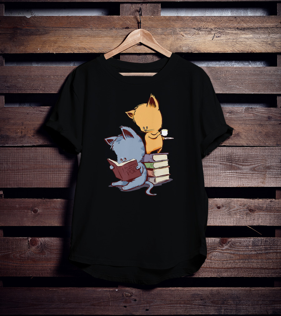 Kittens Reading Edgar Allan Poe With Tea And Books T-Shirt