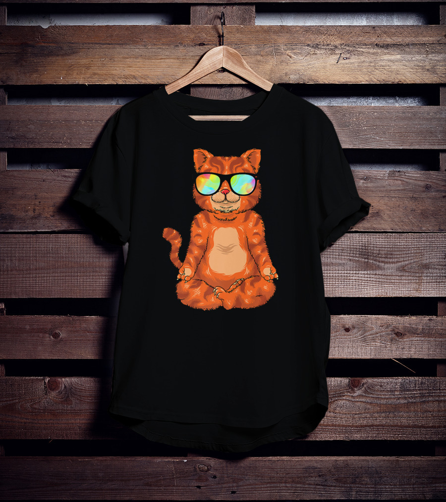 Meditating Cat In Colorful Sunglasses Yoga Pose Cute Drawing T-Shirt