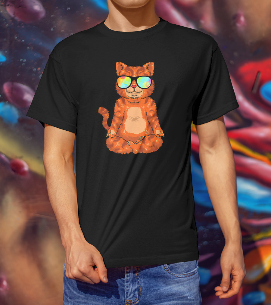 Meditating Cat In Colorful Sunglasses Yoga Pose Cute Drawing T-Shirt