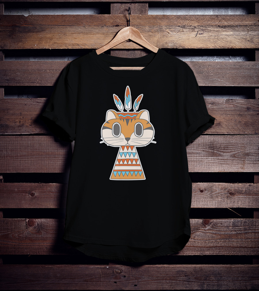 Native Cat American Boho Tribal Feathers T-Shirt