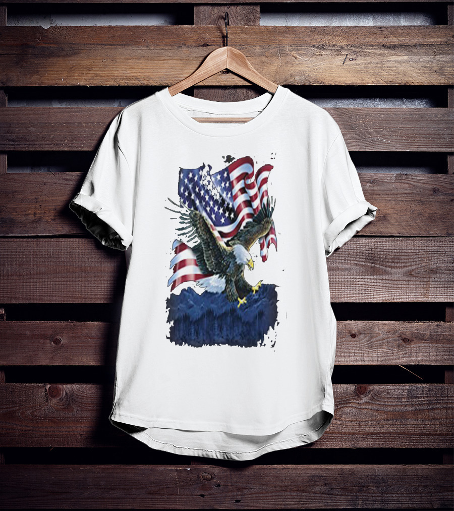 Bald Eagle Over Mountains With American Flag Background T-Shirt